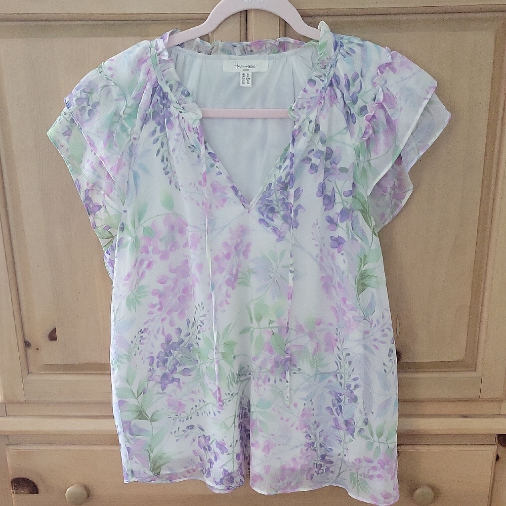 Hannah Lavender & Mint Floral V-Neck Ruffle Blouse